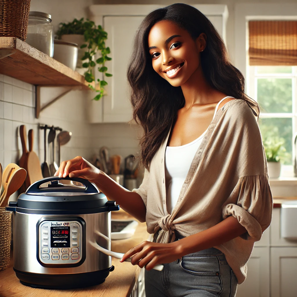 DALL·E 2024-11-21 15.20.54 - An image of a Black mom cooking in the kitchen using an Instant Pot. She is smiling and wearing casual but stylish attire, in a modern, clean kitchen |