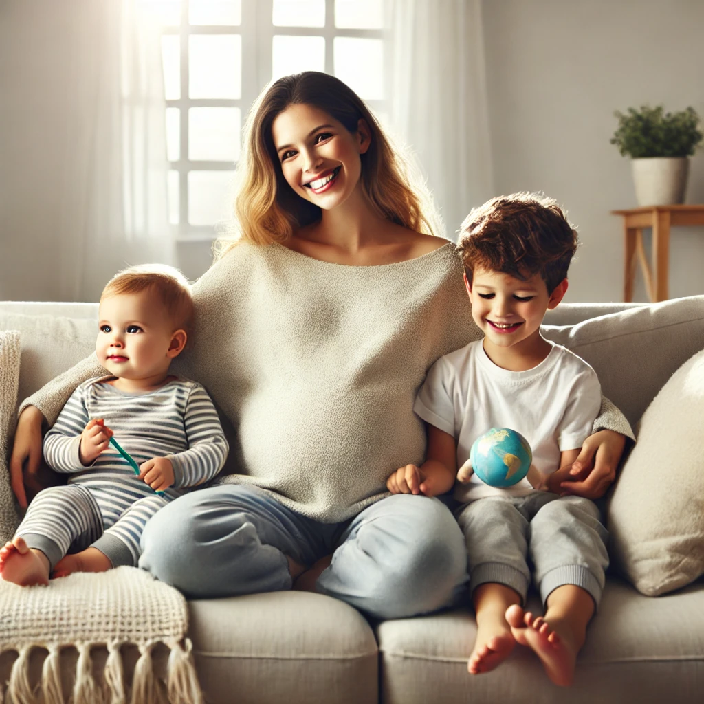 DALL·E 2024-11-21 15.25.06 - An image of a pregnant mom sitting on a cozy couch, surrounded by her two young children. The mom is smiling warmly, wearing comfortable maternity att |