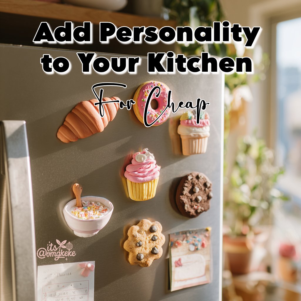 Handmade polymer clay magnets shaped like food items — a donut, cupcake, croissant, cereal bowl, and cookie — displayed on a stainless steel refrigerator in a cozy, sunlit kitchen.