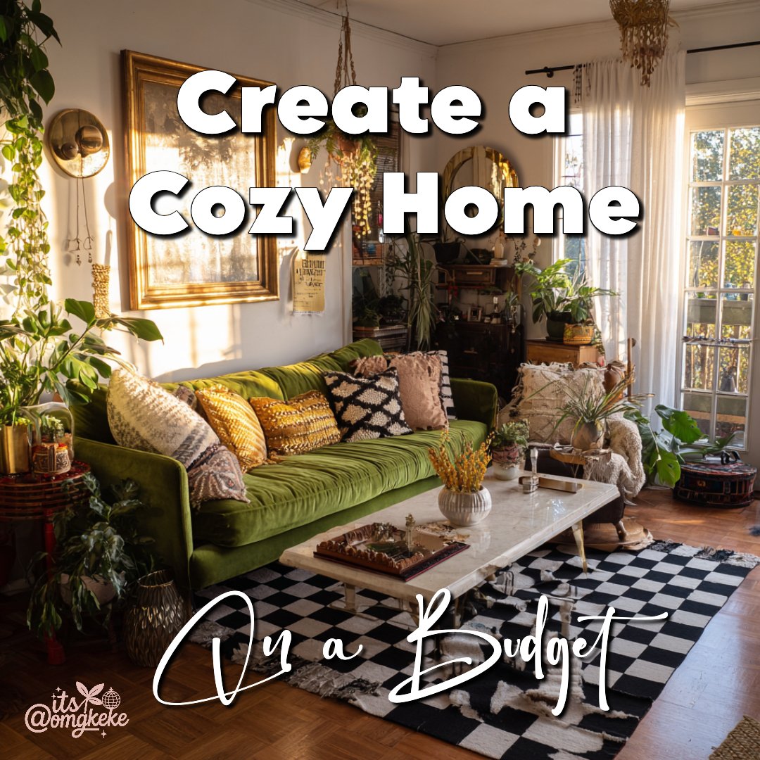 Cozy maximalist living room with a green velvet couch, patterned throw pillows, checkered rug, and plants by a sunny window. Text overlay reads "Create a Cozy Home on a Budget.