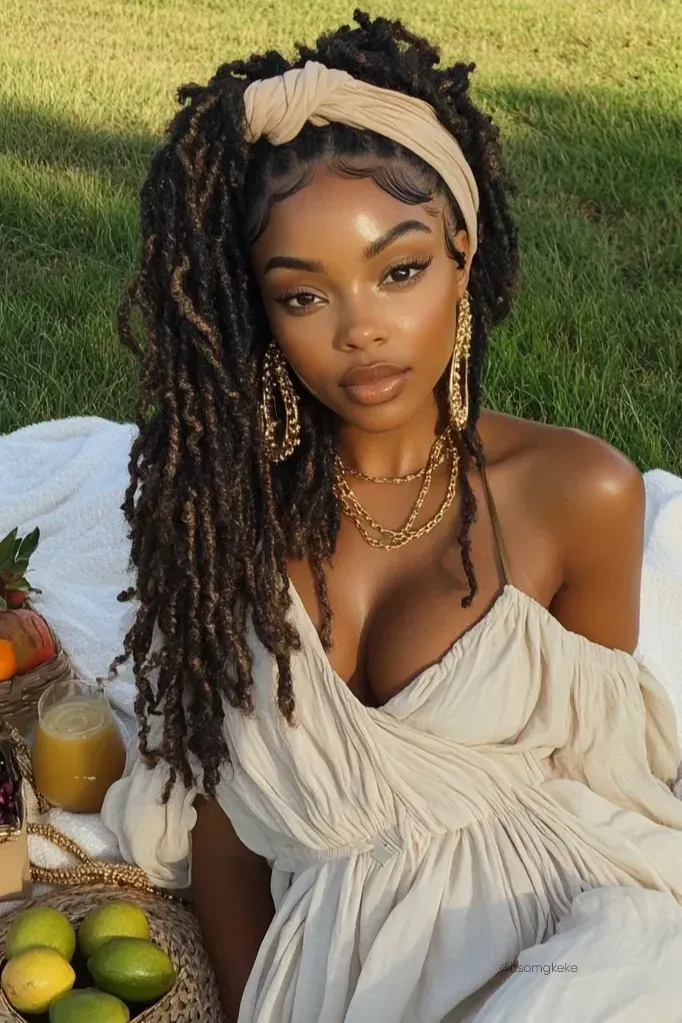 Beautiful Black woman with locs and a soft headband, wearing a white off-shoulder dress surrounded by lemons in a garden scene — soft life aesthetic.