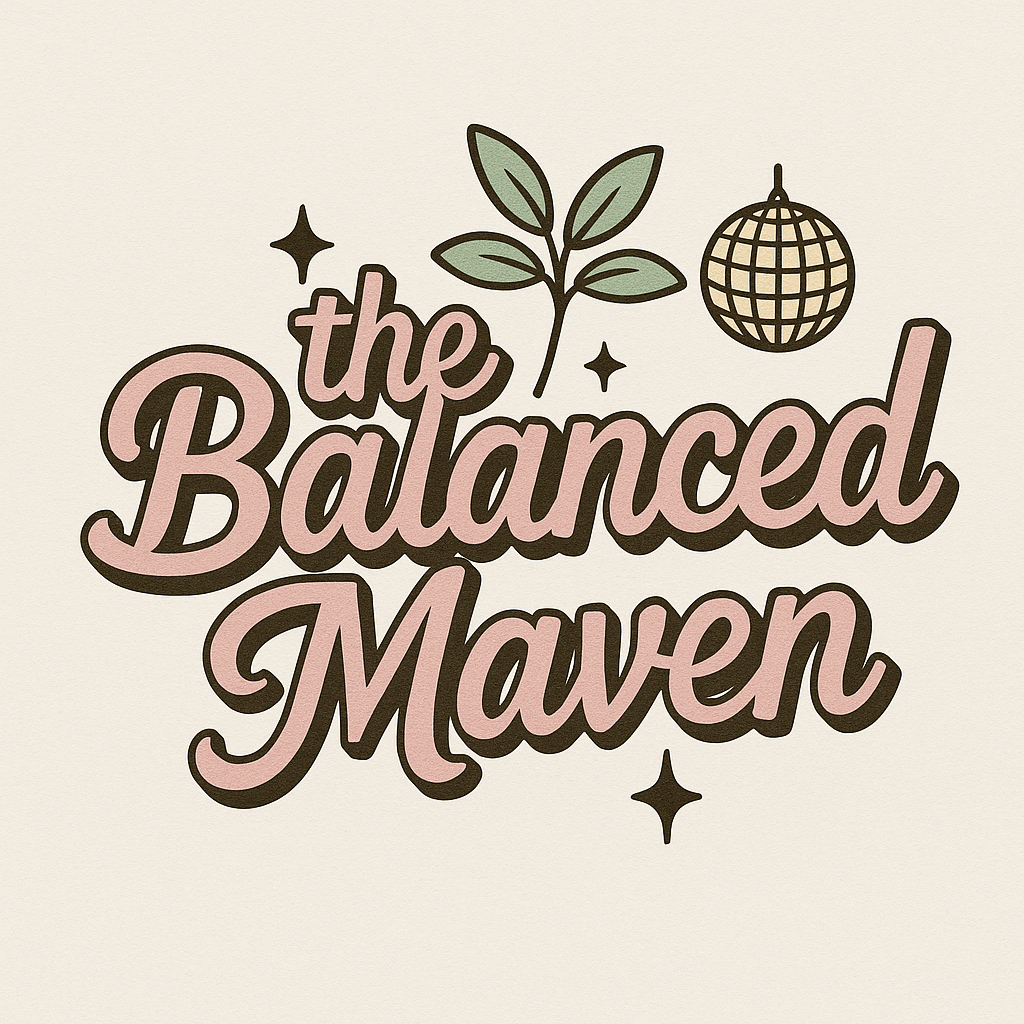 The Balanced Maven logo featuring bold retro script text with cozy and earthy icons like leaves and a disco ball, reflecting a creative, colorful lifestyle brand.